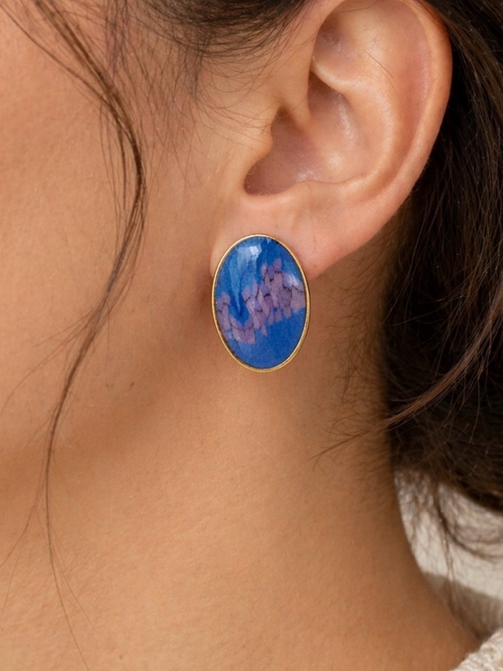 Vintage Abstract Enamel Oval Stud Earrings Blue Lavender Gold Tone Art Jewelry